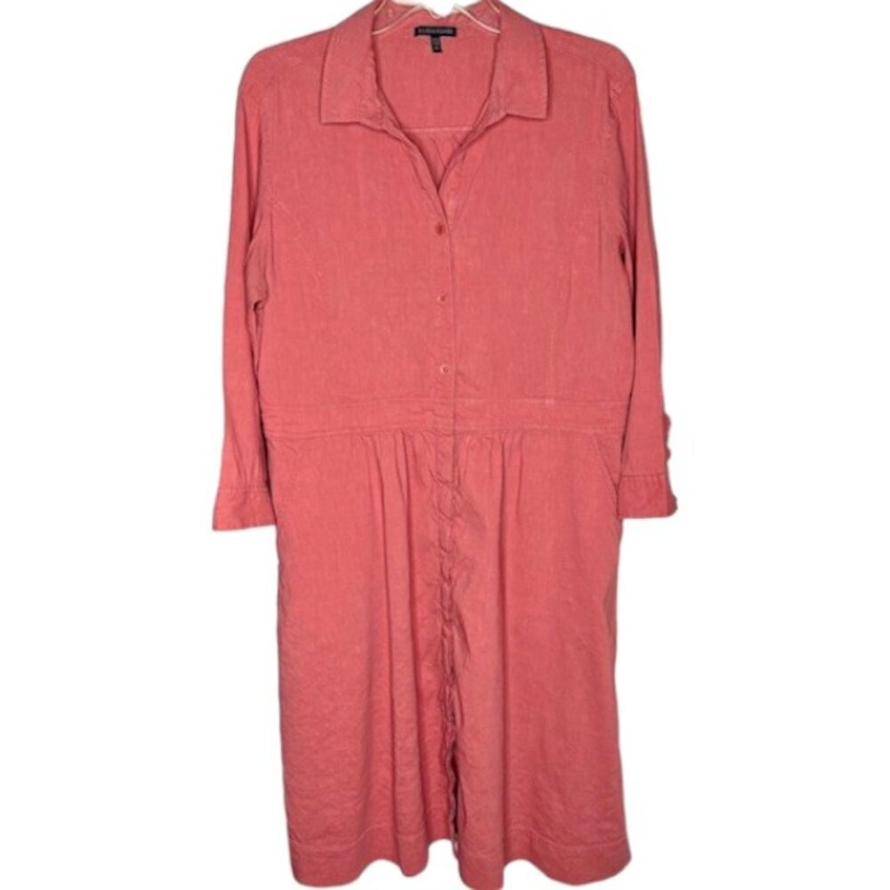 Eileen Fisher Linen/Viscose Long Sleeved Button Up Shirt Dress - Salmon - M